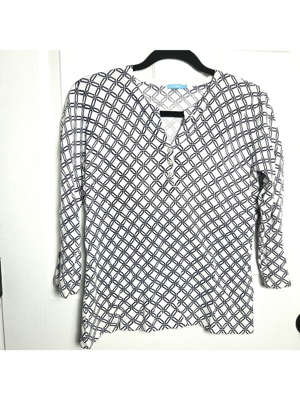 J. McLaughlin Shirt Womens Medium White Geometric Henley Tunic 3/4 Sleeve
